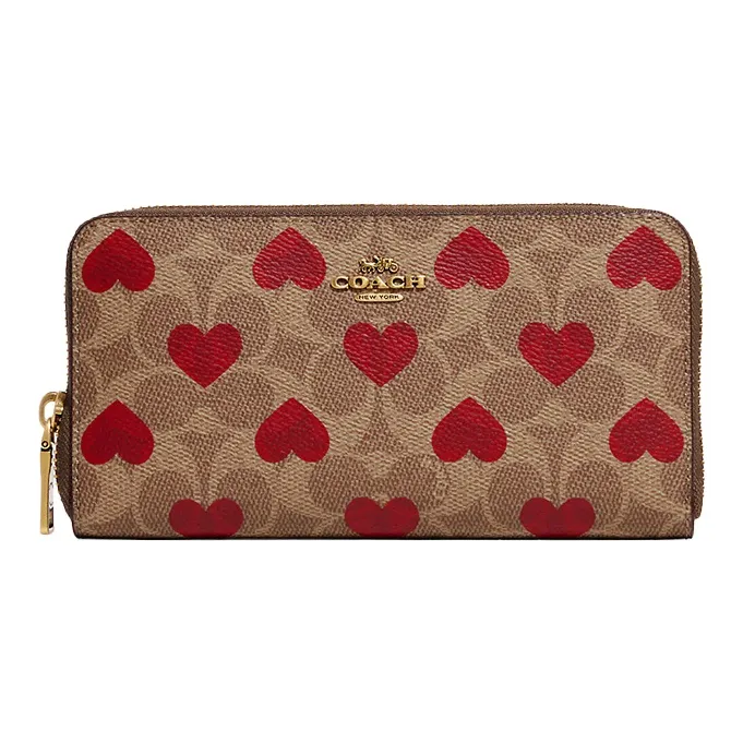 COACH Accordion Zip Canvas With Leather Trunk Bag Wallet Medium Size Women's Brown/Red-0
