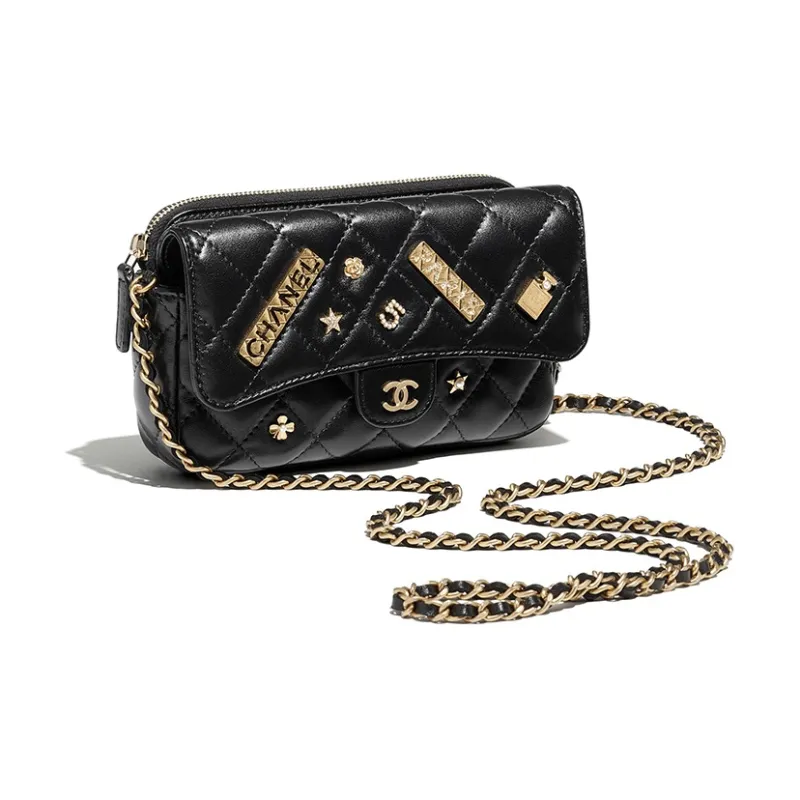 CHANEL Lambskin Chain Crossbody Cell Phone Pouch Women's Black & Gold-1