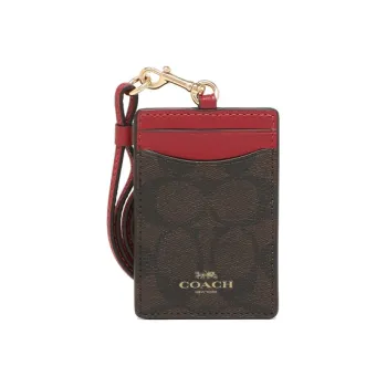 COACH Lanyard Canvas With Leather ID Card Holder Women's Dark Brown With Burgundy
