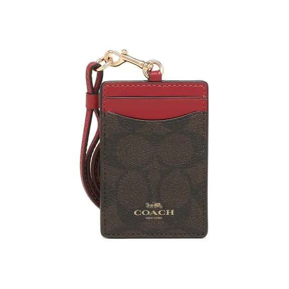 COACH Lanyard Canvas With Leather ID Card Holder Women's Dark Brown With Burgundy-0