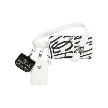 CHANEL Charm Fanny Pack Coin Purse Card Holder Earphone Case Necklace Pouch Women's Black White Color Scheme