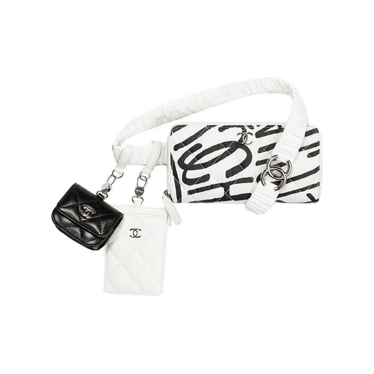 CHANEL Charm Fanny Pack Coin Purse Card Holder Earphone Case Necklace Pouch Women's Black White Color Scheme-0