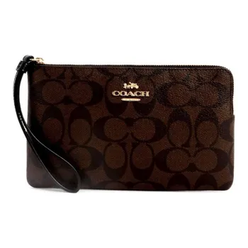 COACH Corner Zip Canvas With Leather Pochette Clutch Tubas Women's Black Brown
