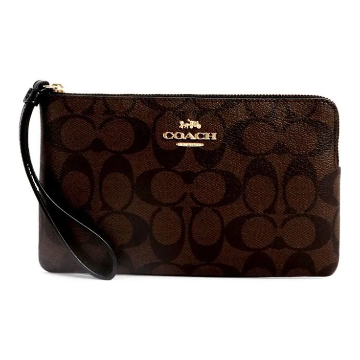 COACH Corner Zip Canvas With Leather Pochette Clutch Tubas Women's Black Brown-0
