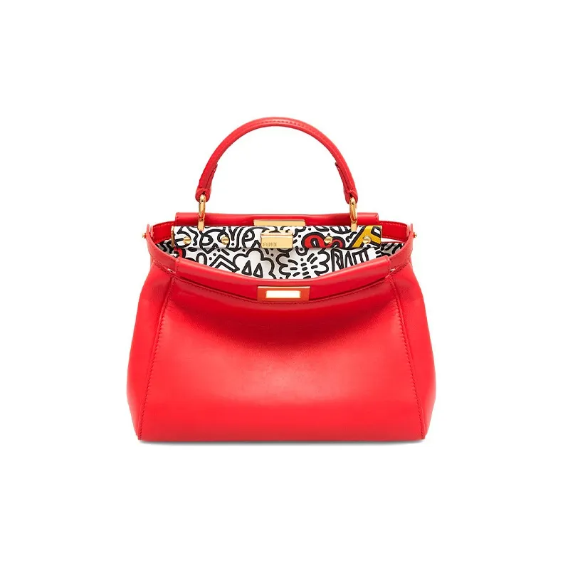 FENDI Mr. Doodle Collaboration Peekaboo Nappa Leather Shoulder Bag Crossbody Bag Handbag Mini Women's Red-0