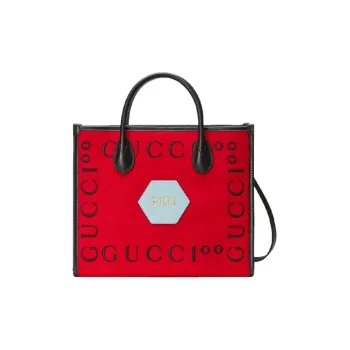 GUCCI Felt Patchwork Tote Bag Shopping Bag Shoulder Bag Crossbody Bag Handbag Small Size Unisex Begonia Red/Black