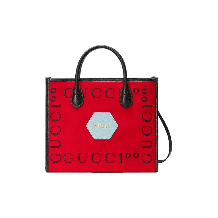 GUCCI Felt Patchwork Tote Bag Shopping Bag Shoulder Bag Crossbody Bag Handbag Small Size Unisex Begonia Red/Black-0