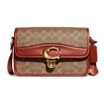 COACH Studio Canvas With Leather Small Square Bag Shoulder Bag, Crossbody Bag Tubas Women's Brown & Red
