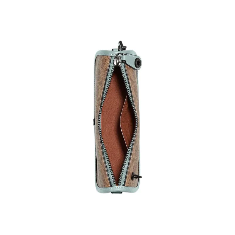 COACH Swinger Fabric Cow Leather Patchwork Mahjong Bag Shoulder Bag Handbag Shoulder Bag Women's Khaki Brown-2