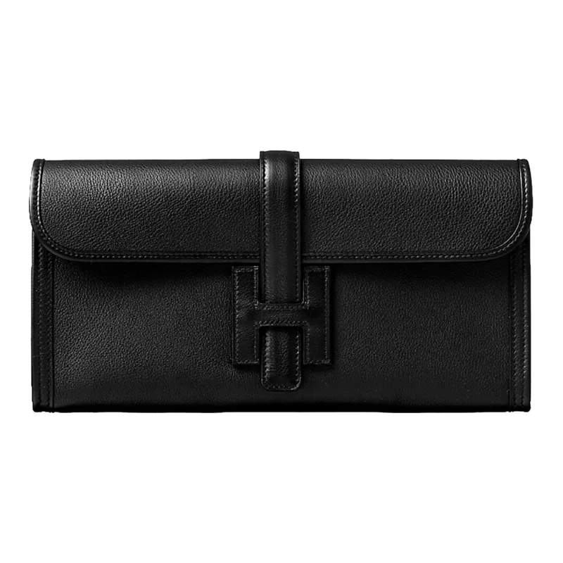 HERMES Jige Elan Swift Leather Handbags Clutches Women's Noir Black-0