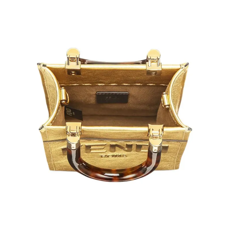 FENDI Sunshine Leather Tote Bag Shopping Bag Shoulder Bag Crossbody Bag Handbag Mini Women's Gold-3