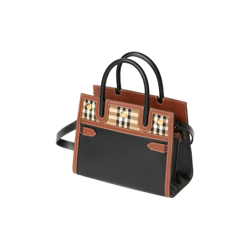 Burberry Leather And Vintage Check Two handle Title Bag Mini Black/Multi-1