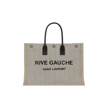 SAINT LAURENT Rive Gauche Fabric With Cow Leather Tote Bag, Shopping Bag, Handbag Unisex Cream Gray/Black
