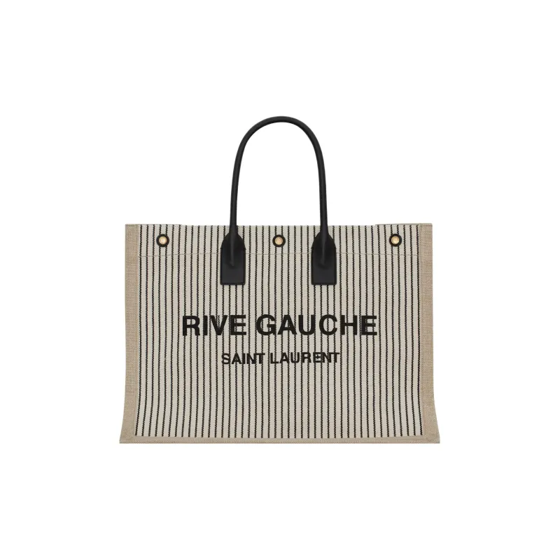 SAINT LAURENT Rive Gauche Fabric With Cow Leather Tote Bag, Shopping Bag, Handbag Unisex Cream Gray/Black-0