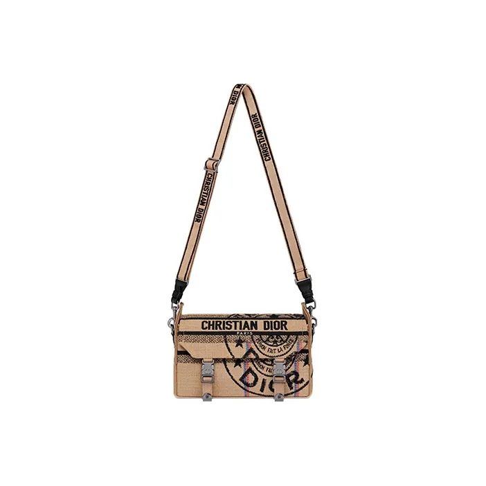 DIOR DiorCamp Jute Canvas Embroidery Canvas Bag Messenger Bag Shoulder Bag Crossbody Bag Small Size Unisex Beige-1