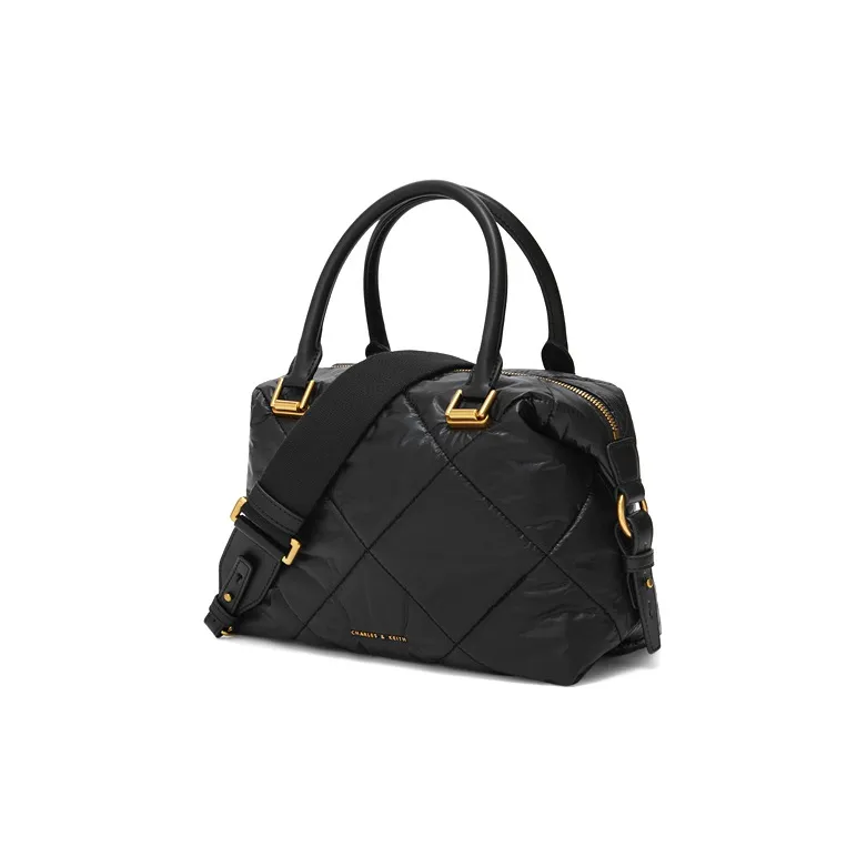 CHARLES&KEITH PU, Textile Mixture Boston Bag, Shoulder Bag, Handbag Large Size Women's Multicolor-4