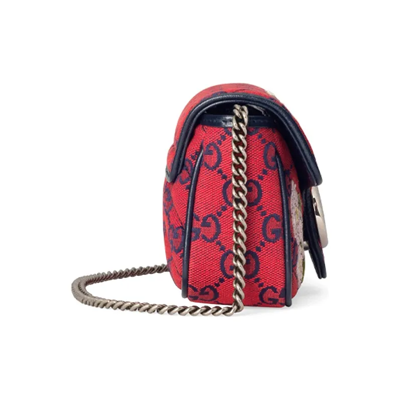 GUCCI Marmont Multicolor Leather Trim, Embroidered Canvas Chain Shoulder Bag, Crossbody Bag Mini Women's Red/Dark Blue-2
