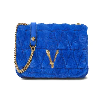VERSACE Faux Fur Shoulder Bag Crossbody Bag Women's Blue