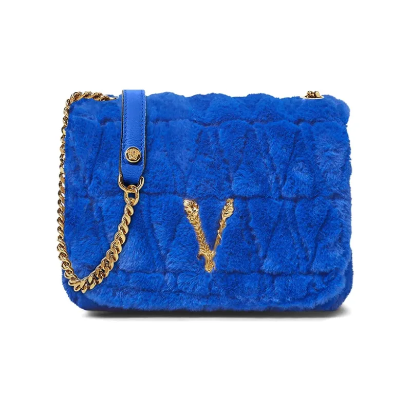 VERSACE Faux Fur Shoulder Bag Crossbody Bag Women's Blue-0