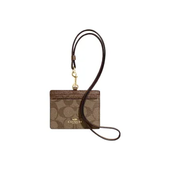COACH Lanyard Leather Card Sleeve ID Lanyard Holder Women's Khaki Monogram