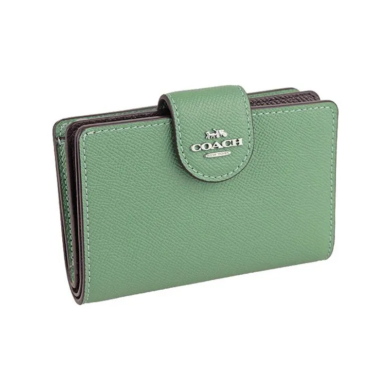 COACH Corner Zip Solid Color Cross Grain Leather Snap Closure Foldable Wallet Mini Women's Washed Green-1