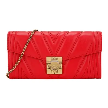 MCM Leather Clutches Wallets Shoulder Bag Crossbody Bag Large Size Women's Red