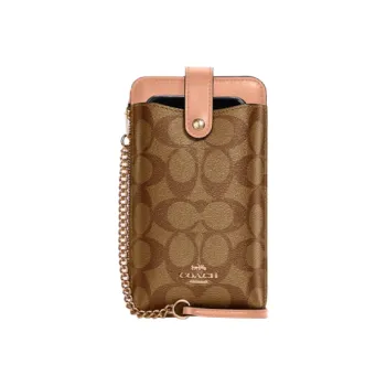 COACH N/S Canvas With Leather Crossbody Bag, Shoulder Bag, Cell Phone Pouch Small Size Women's Dark Brown & Light Pink