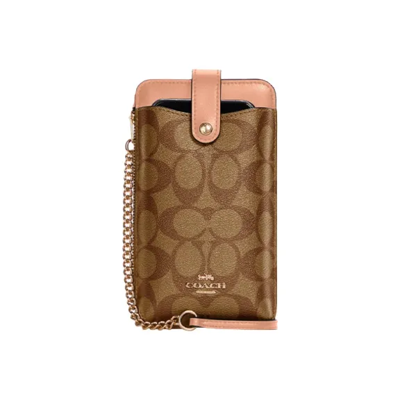 COACH N/S Canvas With Leather Crossbody Bag, Shoulder Bag, Cell Phone Pouch Small Size Women's Dark Brown & Light Pink-0