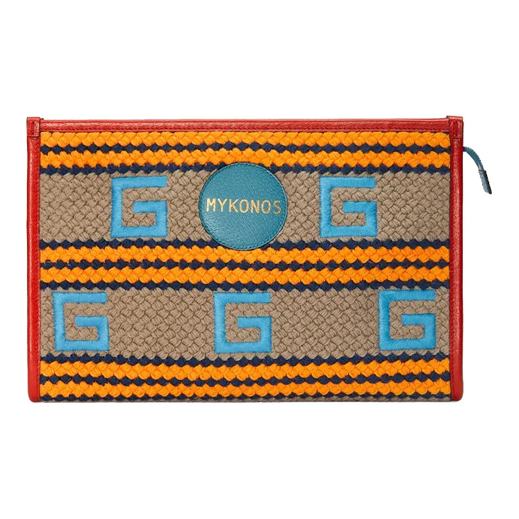 GUCCI Fabric With Leather Clutch Women's Orange/Red Blue-0