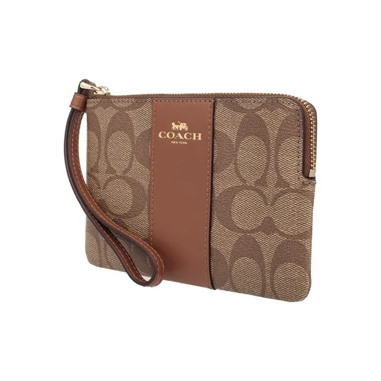 COACH Corner Zip Canvas With Leather Coin Purse Wrist Bag Clutch Small Size Women's Caramel Brown Multicolor-1