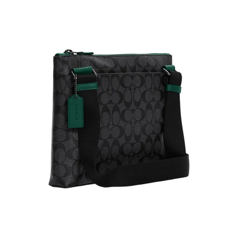 COACH Carrier Canvas Leather Crossbody Briefcase Tubas Men's Black Monogram & Green-1
