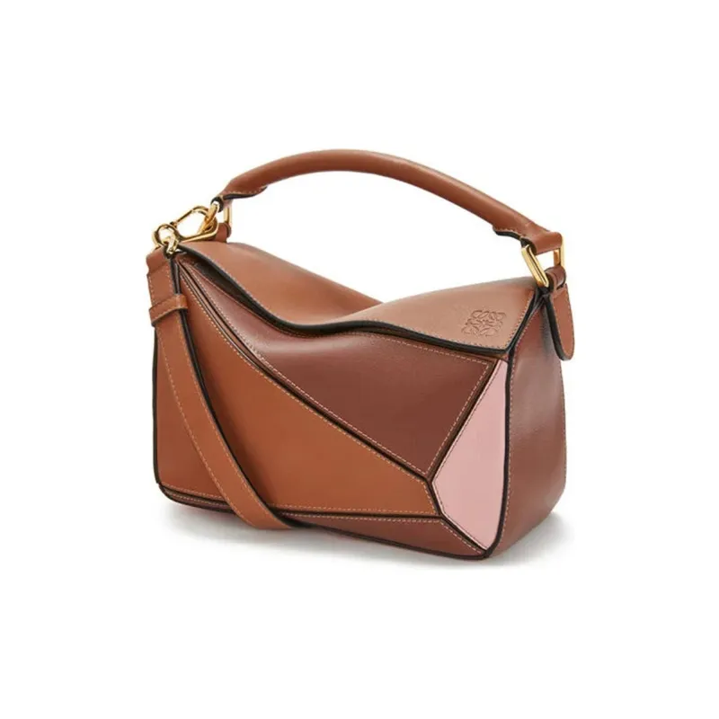 LOEWE Puzzle Calfskin Puzzle Bag Geometric Bag Shoulder Bag Crossbody Bag Handbag Small Size Women's Tan/Pink-1