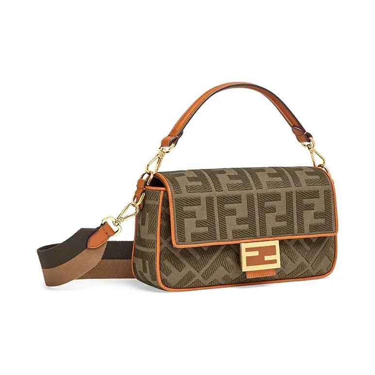 FENDI Baguette Canvas With Leather Baguette Bag Crossbody Bag Handbag Shoulder Bag Medium Size Women's Dark Green/Brown-1