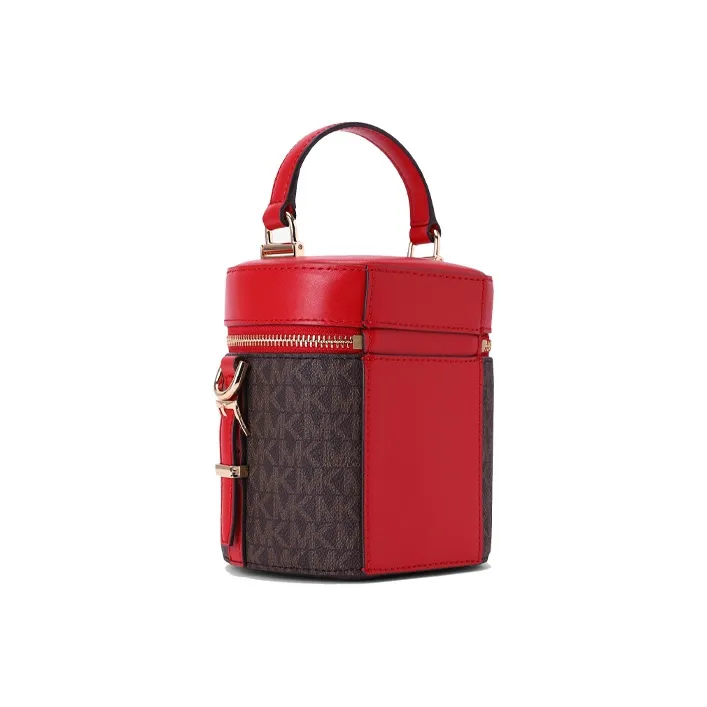 MICHAEL KORS Bedford Leather Cylinder Bag, Crossbody Handbag Medium Size Women's Bright Red & Brown Multicolor-1