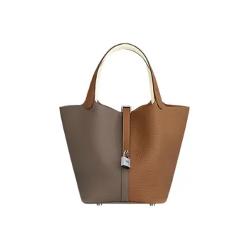 HERMES Picotin Lock Cow Leather Basket Bag Handbag Bucket Bag 18 Women's Gold Brown Elephant Gray And Gray White