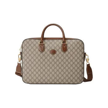 GUCCI Canvas With Leather Canvas Bag Briefcase Shoulder Bag Crossbody Bag Handbag Regular Men's Ebony & Brown