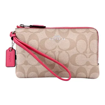 COACH Corner Zip Canvas With Leather Clutch Wrist Bag Coin Purse Pochette Women's Pink & Khaki Monogram
