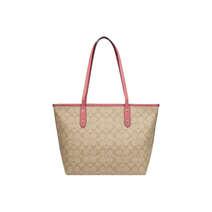 COACH City Zip Tote Canvas Tote Bag, Shopping Bag, Shoulder Bag, Handbag Women's Light Khaki & Vintage Pink-1