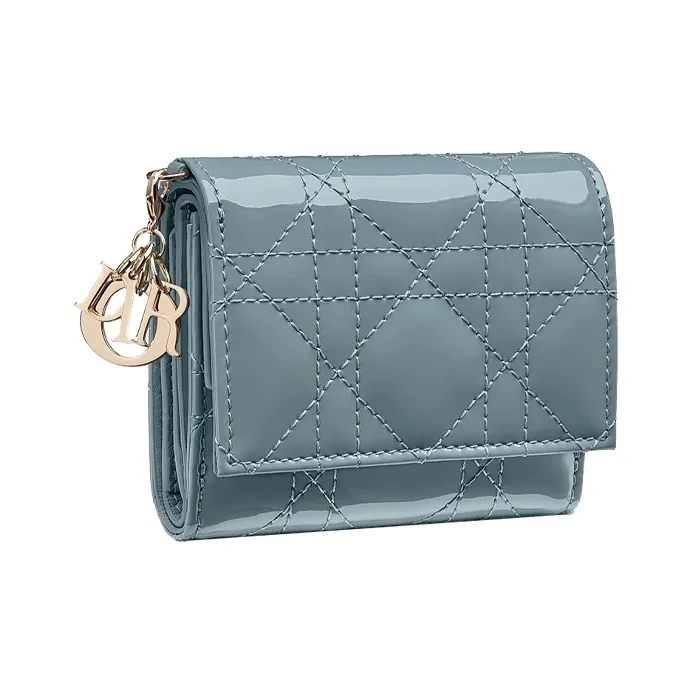 DIOR Lady Dior Patent Leather Calfskin Wallet, Card Holder Women's Gray Blue-1