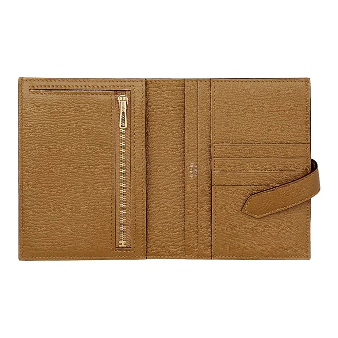HERMES Bearn Mysore Goat Skin Short Wallet Women's 2H Kraft Paper Color-1