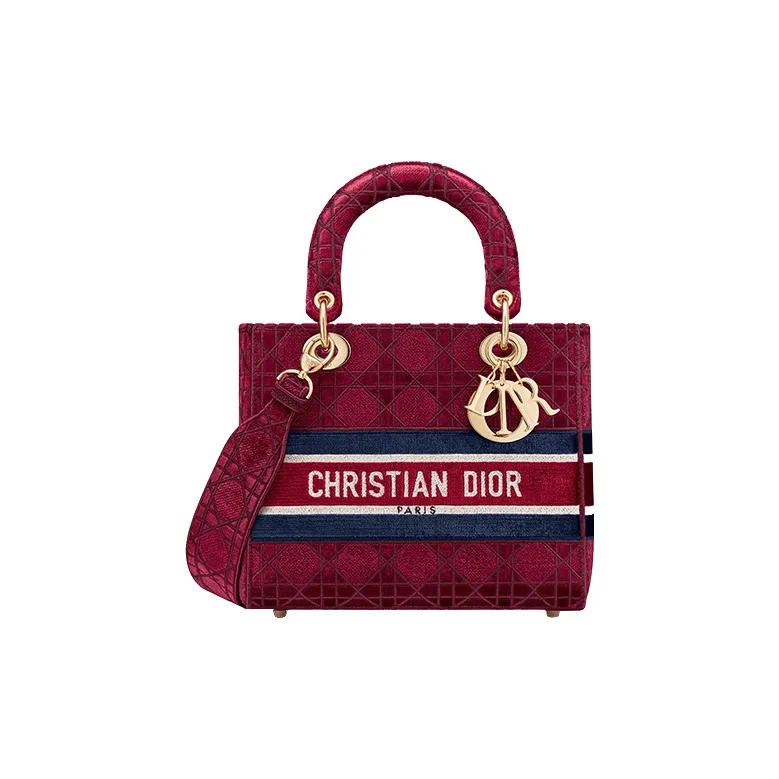 DIOR Lady D-Lite Velvet Daisie Bag Handbag Shoulder Bag Crossbody Bag Medium Size Women's Burgundy-0