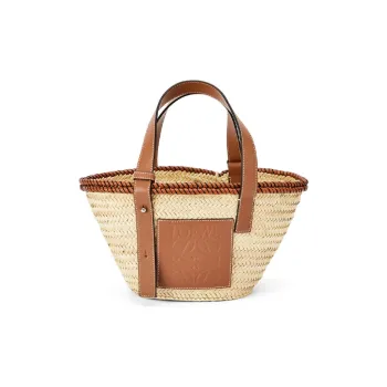 LOEWE Basket Palm Leaf With Calfskin Vacation Bag One Shoulder Handbag Small Size Women's Brown