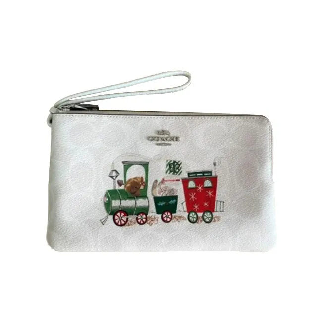 COACH Double Zip Wallet Canvas Leather Clutch Wallet Wrist Bag Small Size Women's White-0