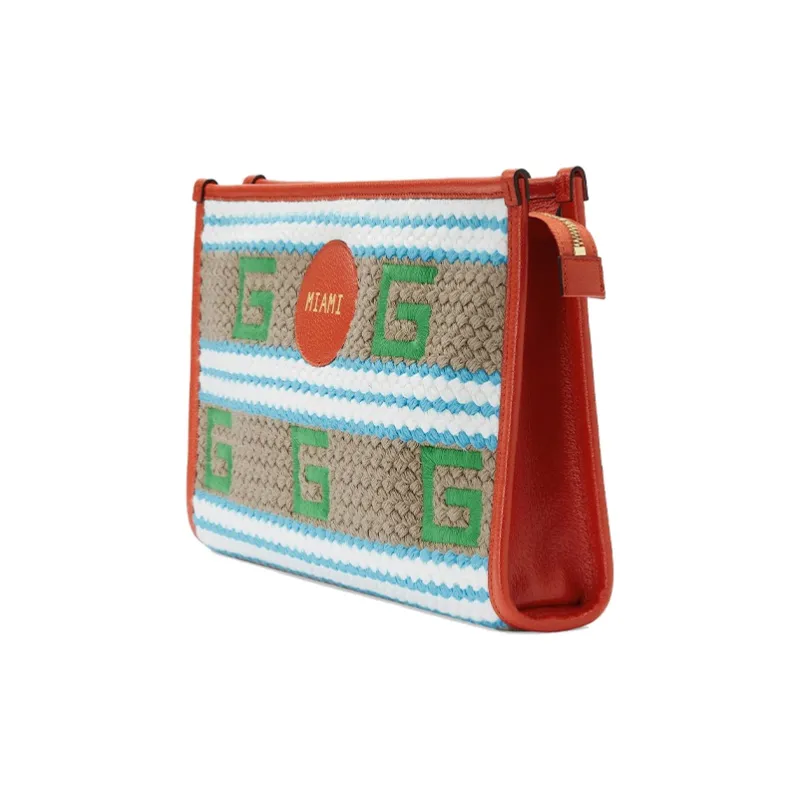 GUCCI Fabric Leather Clutch Women's Orange/Green/Brown-6