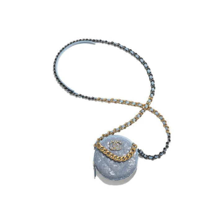 CHANEL 19Bag Sequins With Cow Leather Round Bag, Shoulder Bag Women's Sky Blue-2