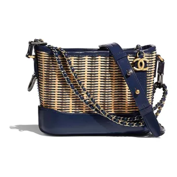 CHANEL Bamboo Woven With Cow Leather Shoulder Bag, Crossbody Bag, Handheld Backpack Trumpets Women's Beige/Marine Blue