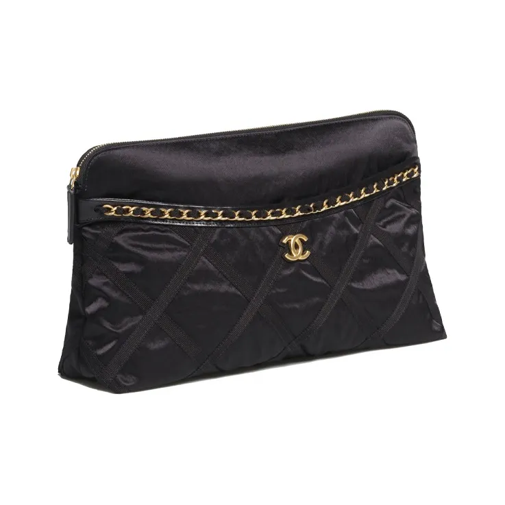 CHANEL Satin Tote Bag, Shopping Bag, Clutch, One Shoulder Handbag Tubas Unisex Black-2