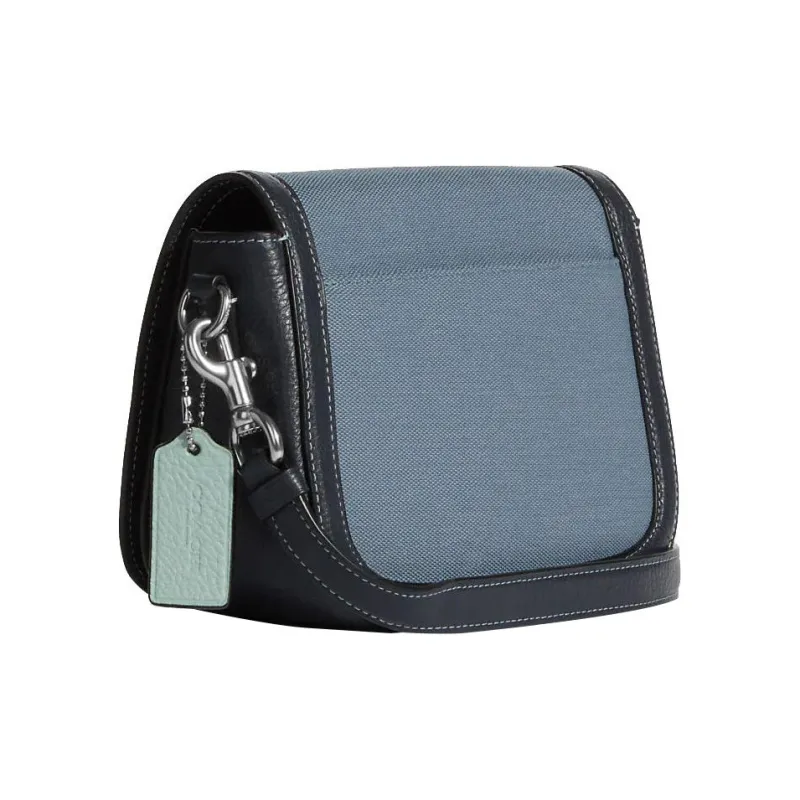 COACH Saddle Fabric Fabric With Cow Leather One Shoulder Handbag Crossbody Bag Small Size Women's Dark Blue Light Blue-1