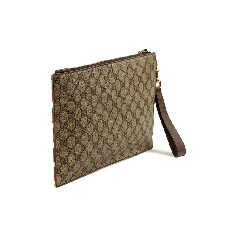 GUCCI Canvas With Leather Clutch Men's Beige/Ebony-4