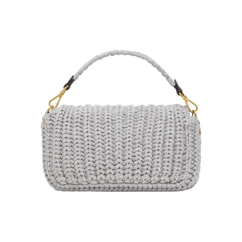 FENDI Baguette Wool With Leather Handbag Medium Size Women's Gray-2